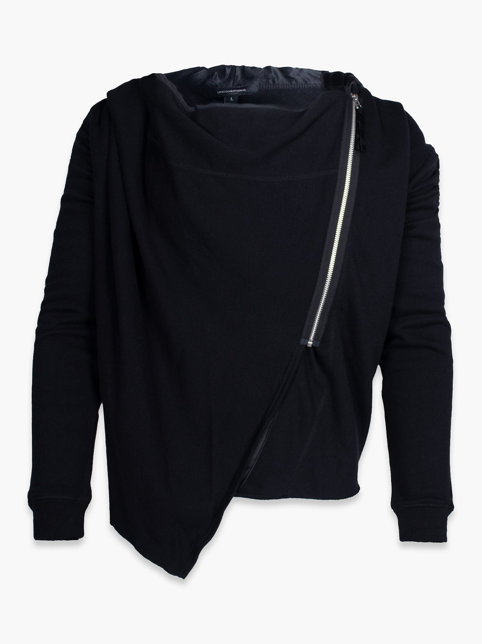 Black Draped Hoodie With Silver Zip