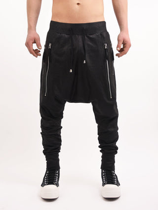 Black Foiled Double Zipped Drop Crotch Joggers