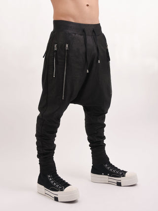 Black Foiled Double Zipped Drop Crotch Joggers