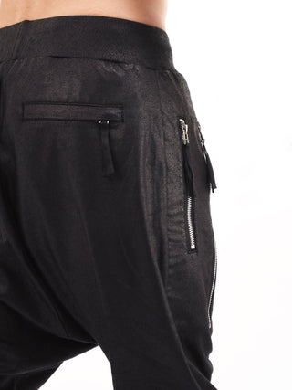 Black Foiled Double Zipped Drop Crotch Joggers