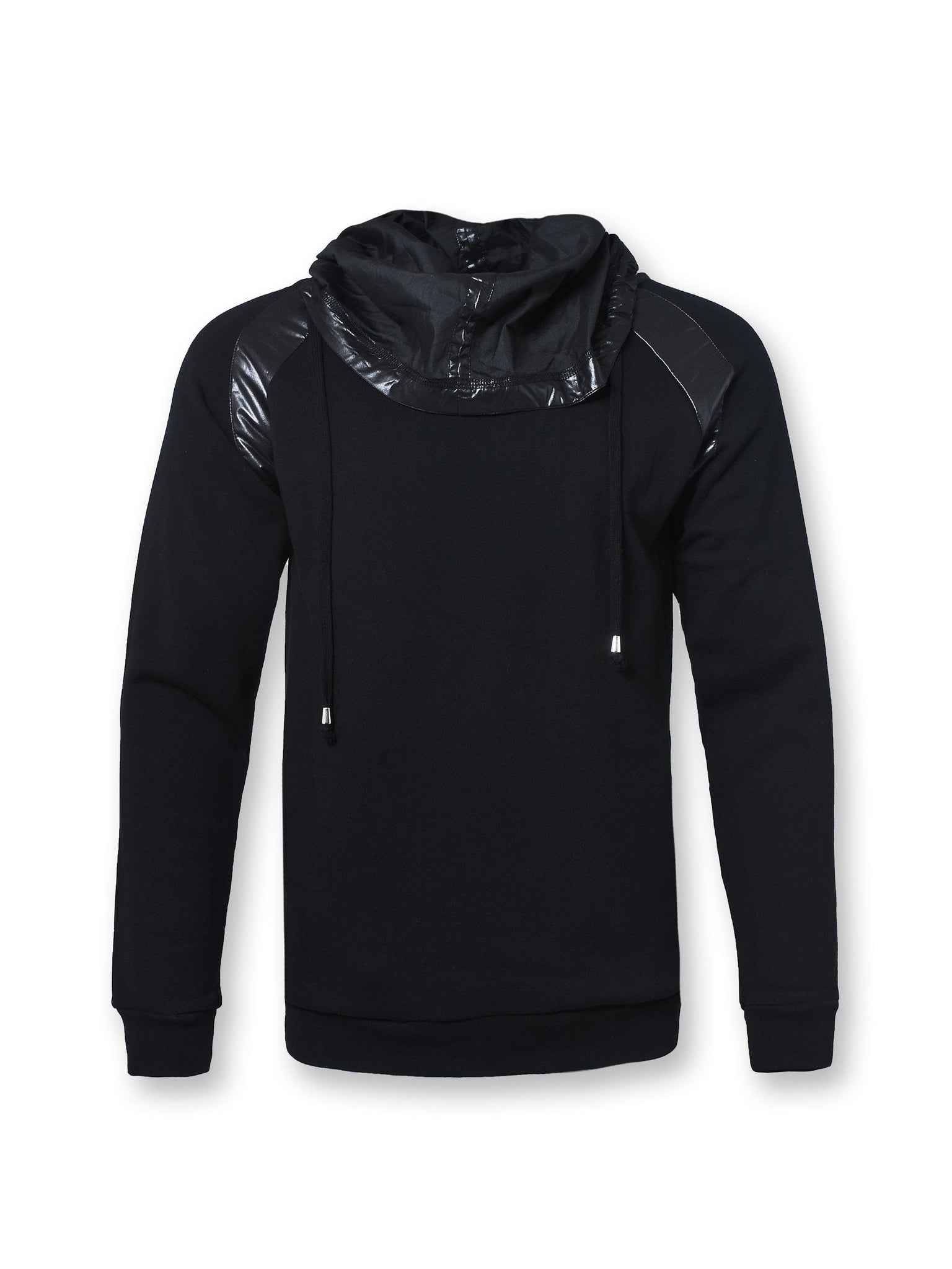 Black Funnel Neck Hoodie with Satin Details