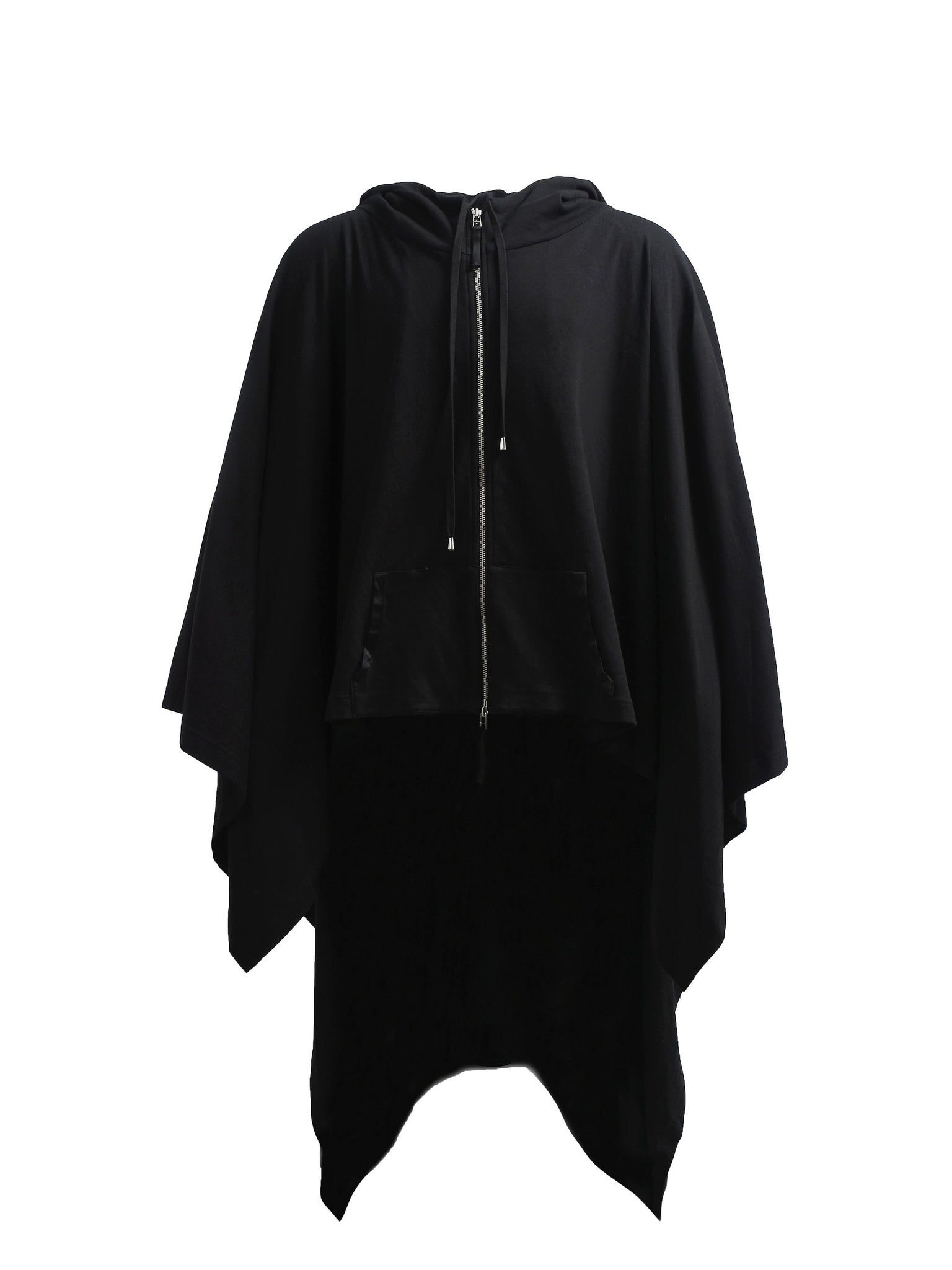 Black Hooded Poncho Sweatshirt with Silver Zip