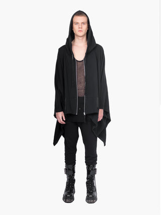 Black Hooded Poncho Sweatshirt with Silver Zip