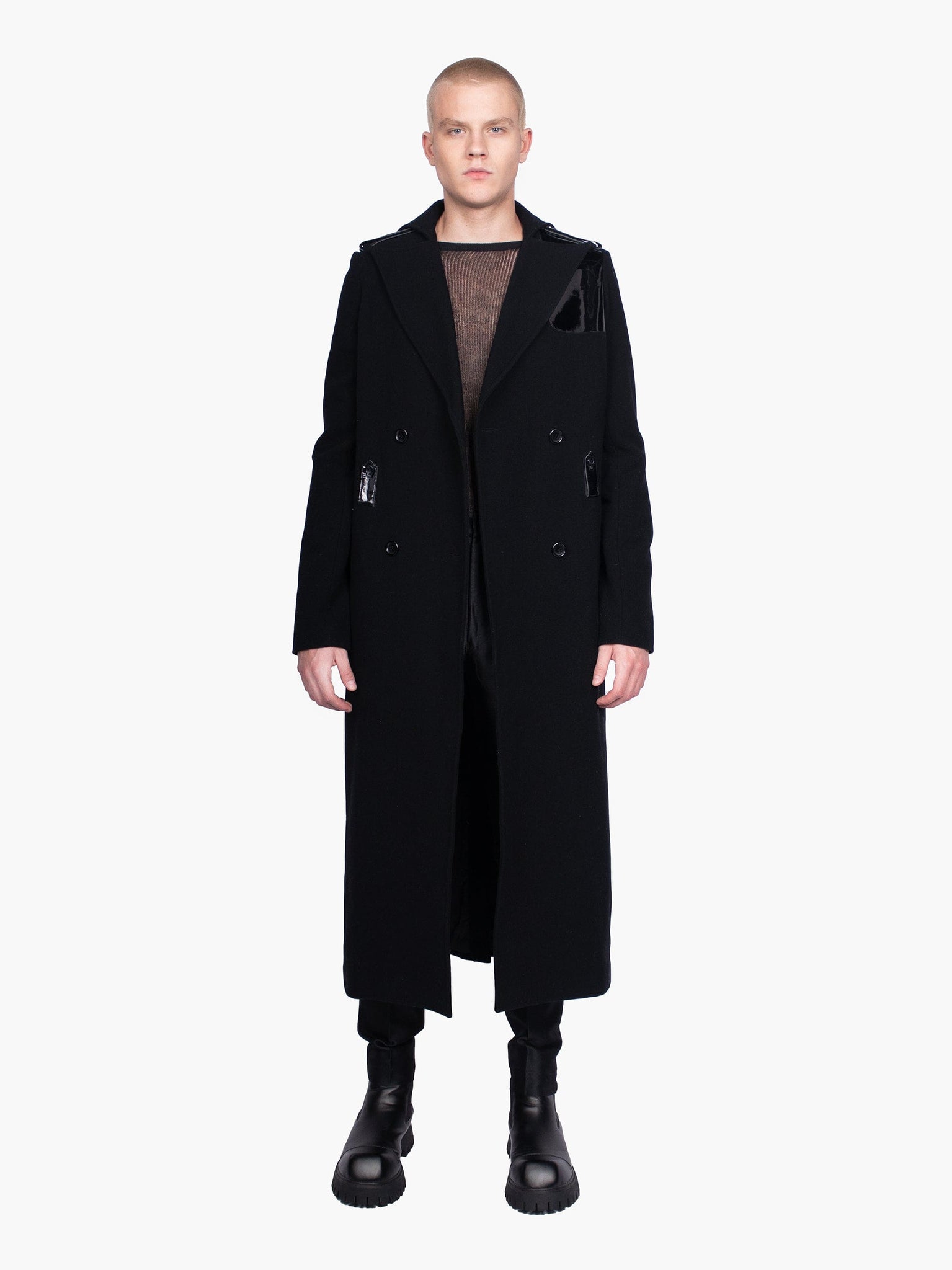 Black Wool Longline Coat with Patent Details