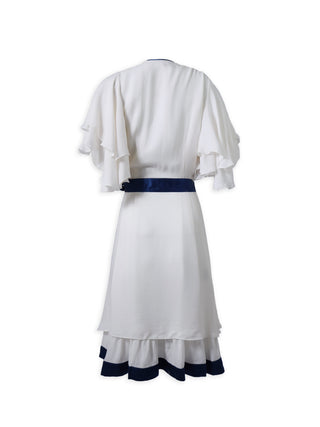 Blue and White Silk Ruffled Dress