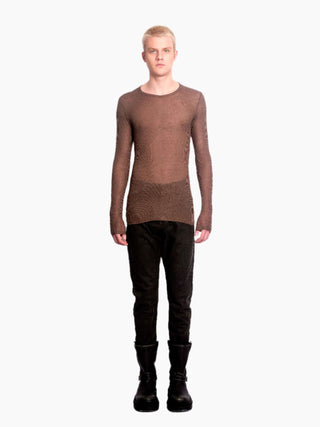 Brown Sheer Ribbed Long Sleeve T-Shirt