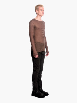 Brown Sheer Ribbed Long Sleeve T-Shirt