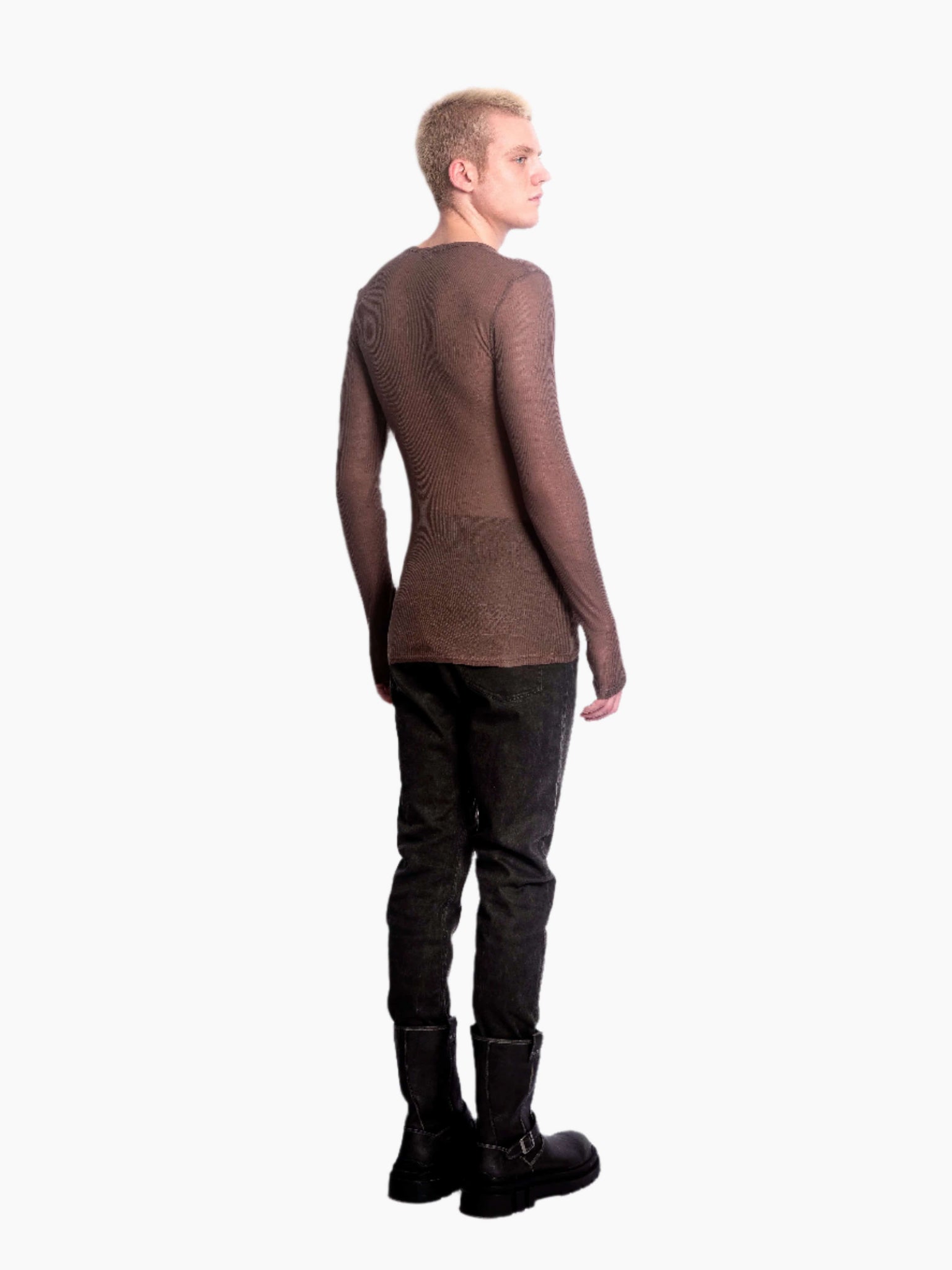 Brown Sheer Ribbed Long Sleeve T-Shirt