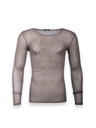 Brown Sheer Ribbed Long Sleeve T-Shirt