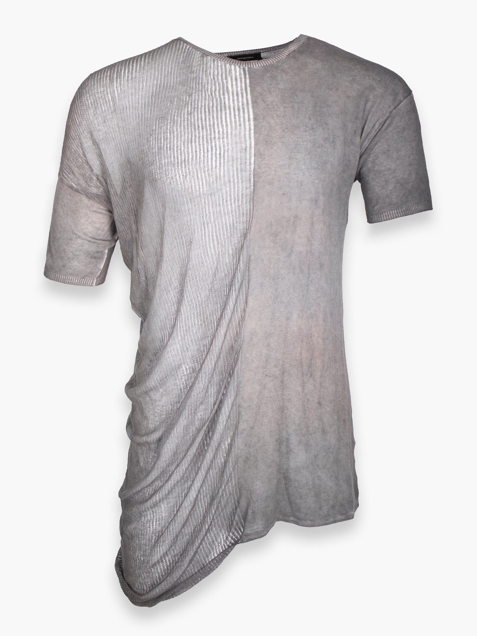 Grey Distressed T-Shirt With assymetric Sleeve and Hem