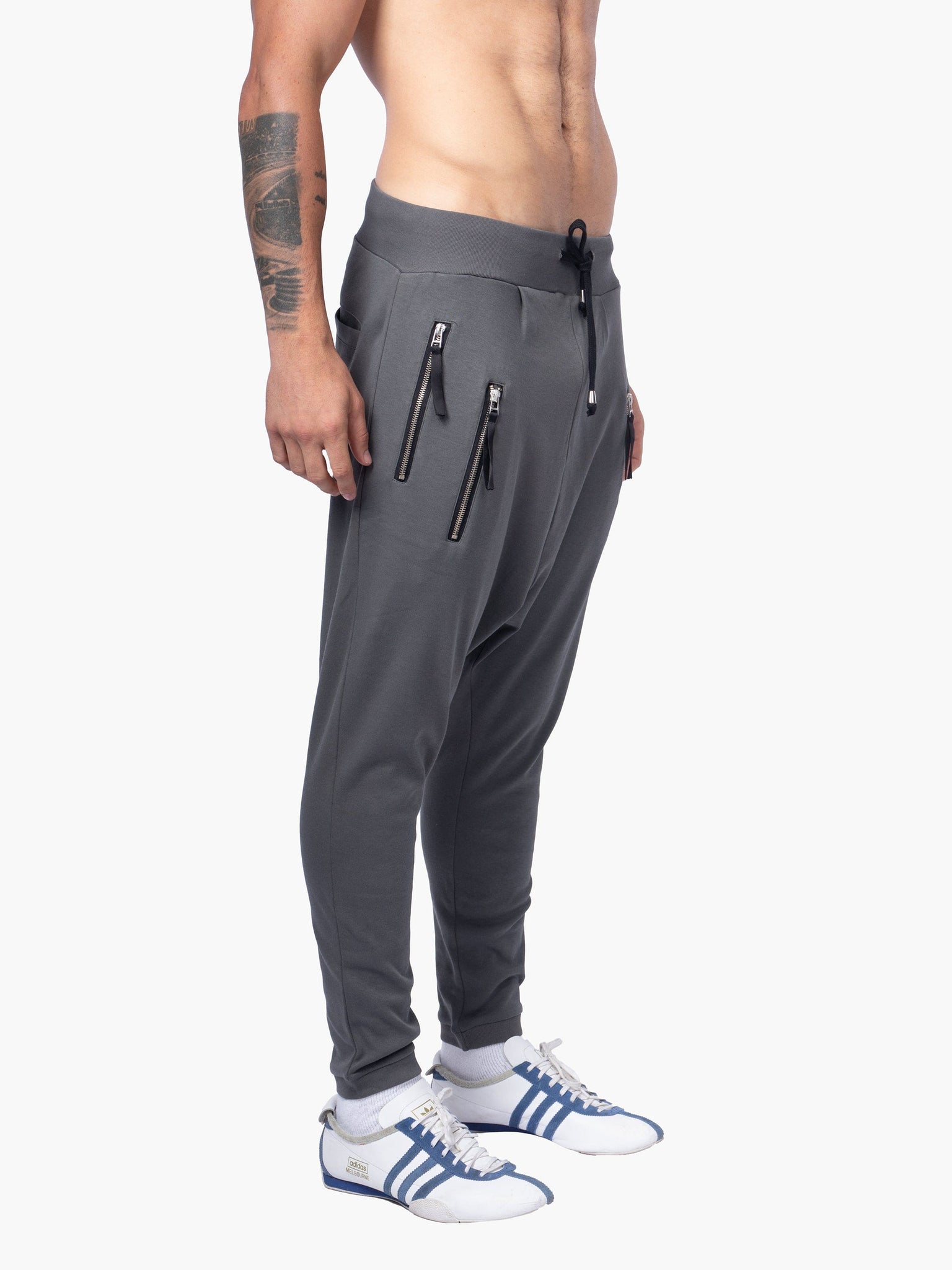 Grey Drop Crotch Joggers with Double Zip