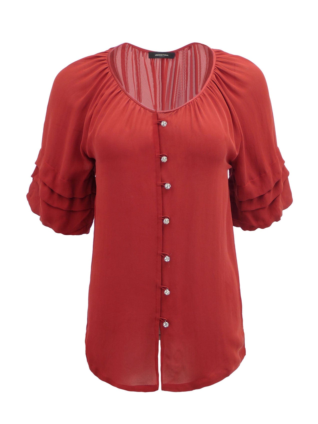 Red Blouse with Ruffled Sleeves and Diamonte Buttons