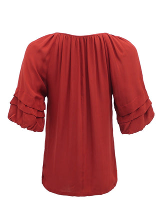 Red Blouse with Ruffled Sleeves and Diamonte Buttons