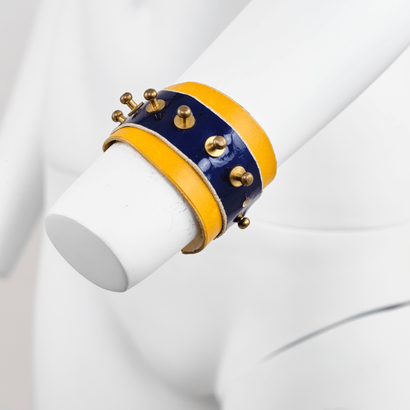 Vintage Una Burke Deep Blue Yellow Leather Bracelet