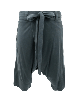 Grey Double Zip Drop Crotch Shorts with Waist Ties