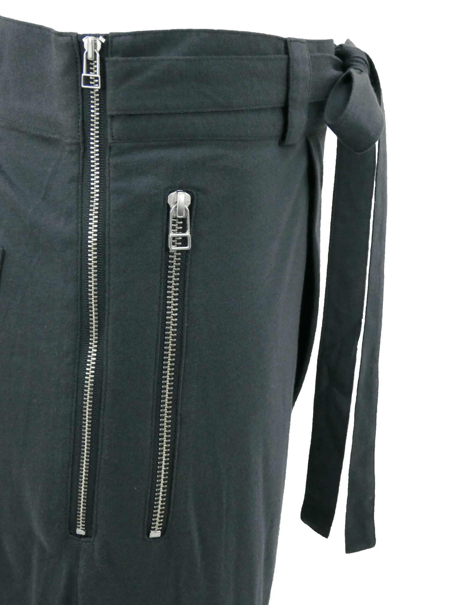 Grey Double Zip Drop Crotch Shorts with Waist Ties