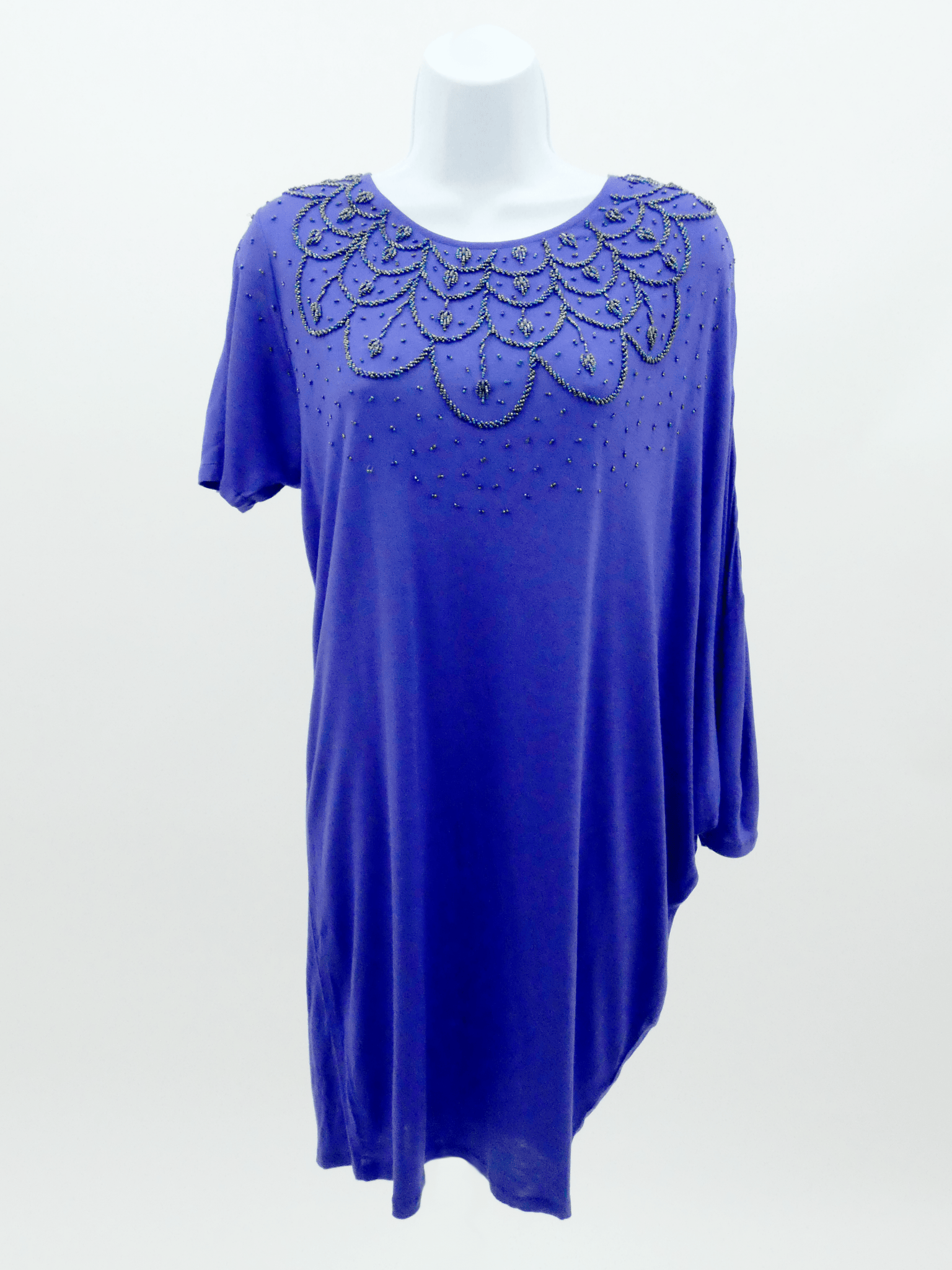 PURPLE RAYON ASYMMETRIC TOP WITH LOTUS NECKLINE BEADING